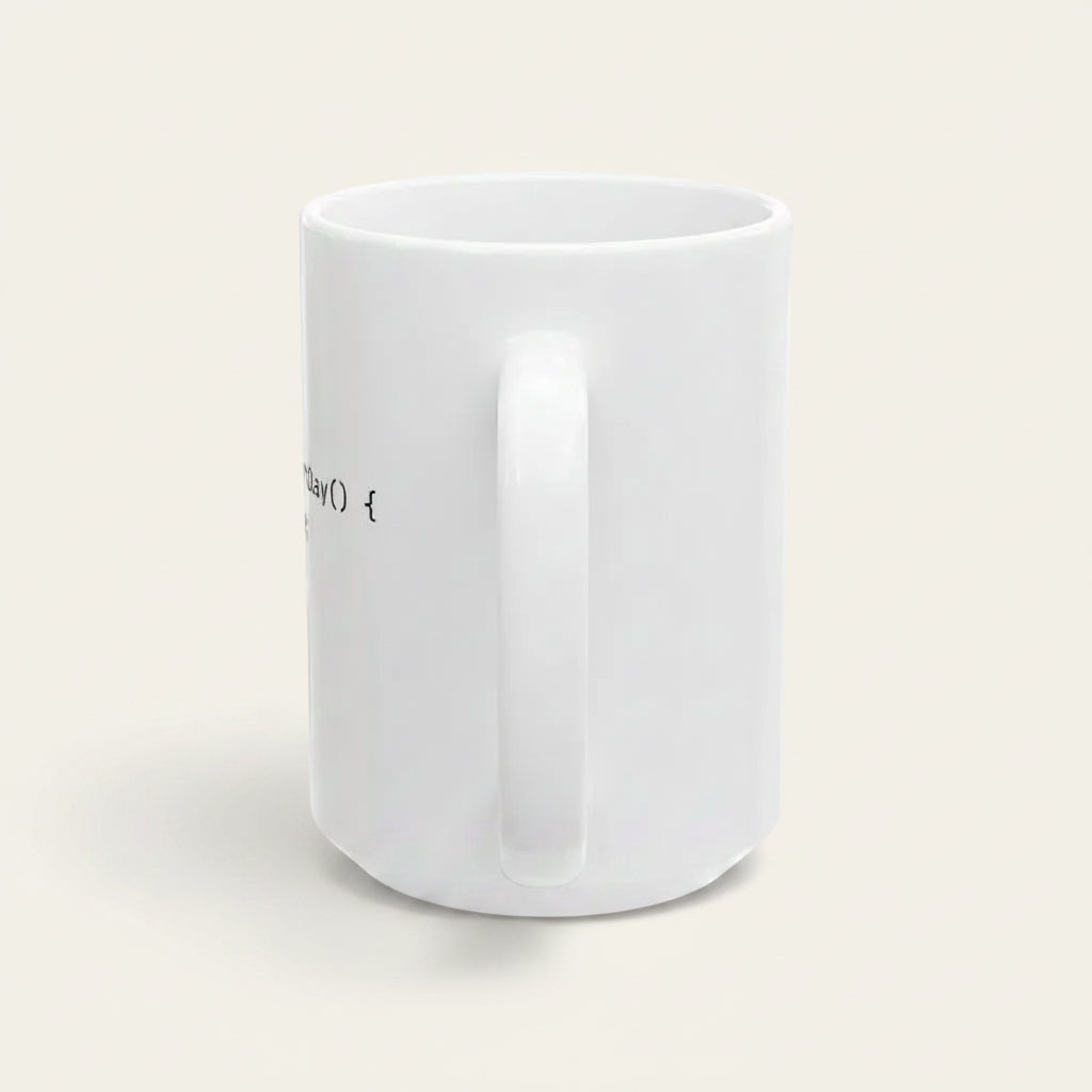 A white ceramic coffee mug with a handle, shown from a side angle against a solid pale beige background.