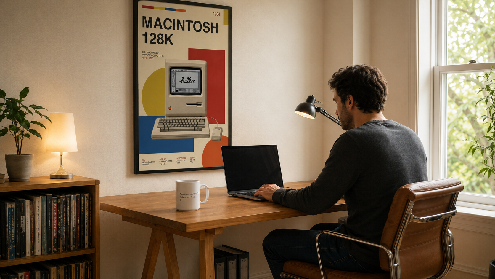 Creative workspace featuring a framed Macintosh 128K poster, coffee mug, laptop, and designer at work